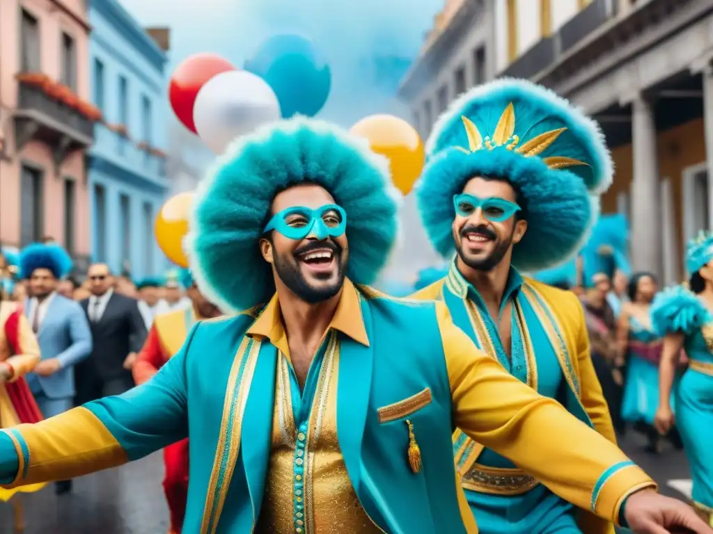 Deslumbrante desfile de carnaval en Uruguay Desfile alegre del Carnaval Uruguayo 2021 con coloridos trajes, bailarines energéticos y carrozas intrincadas en las calles