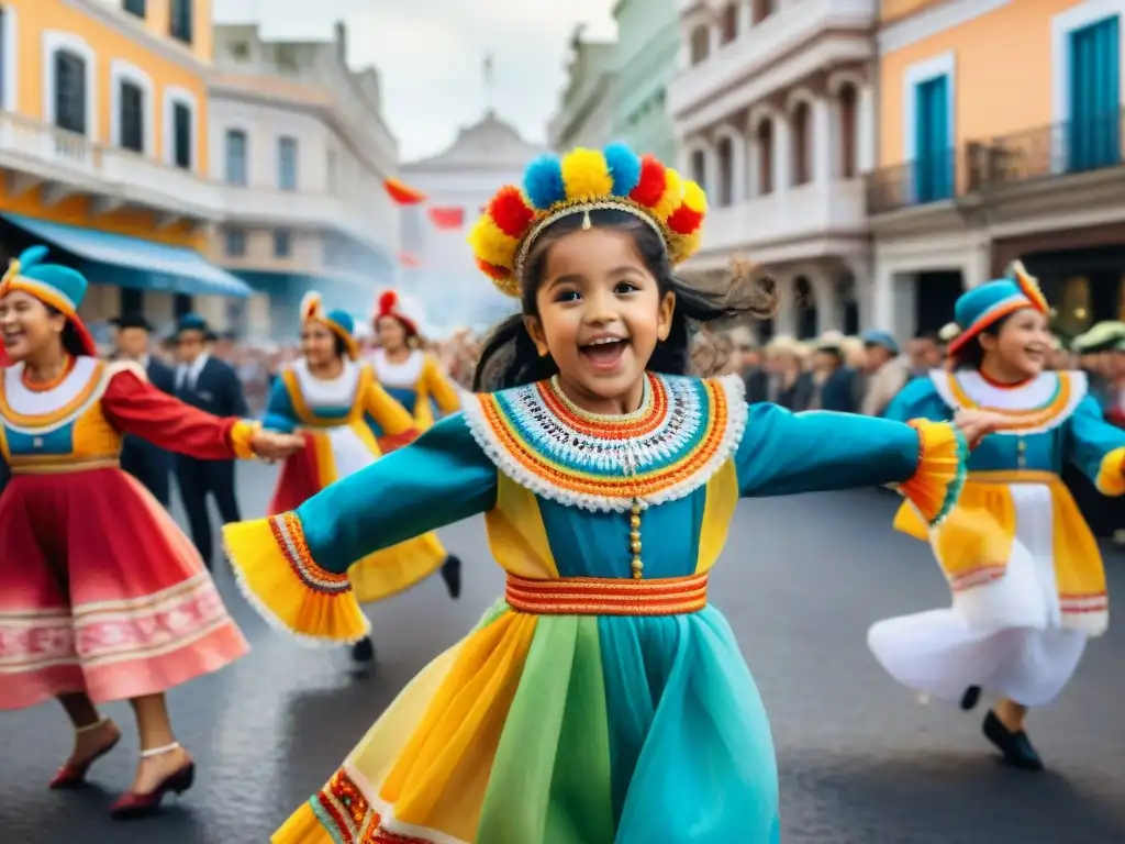 Desfile de Carnaval en Uruguay: Alegría y Tradición Desfile alegre de niños en trajes de Carnaval Uruguayo, bailando y tocando música en Montevideo