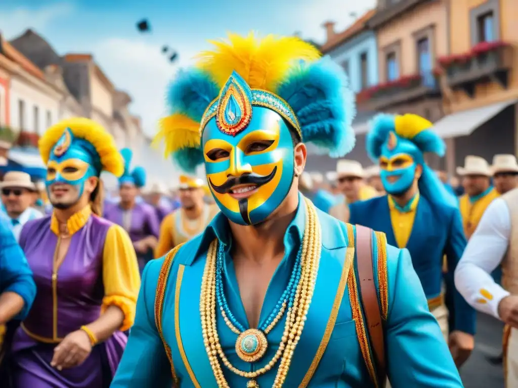 Deslumbrante carnaval uruguayo en Europa Desfile animado del Carnaval Uruguayo en Europa con trajes coloridos y máscaras