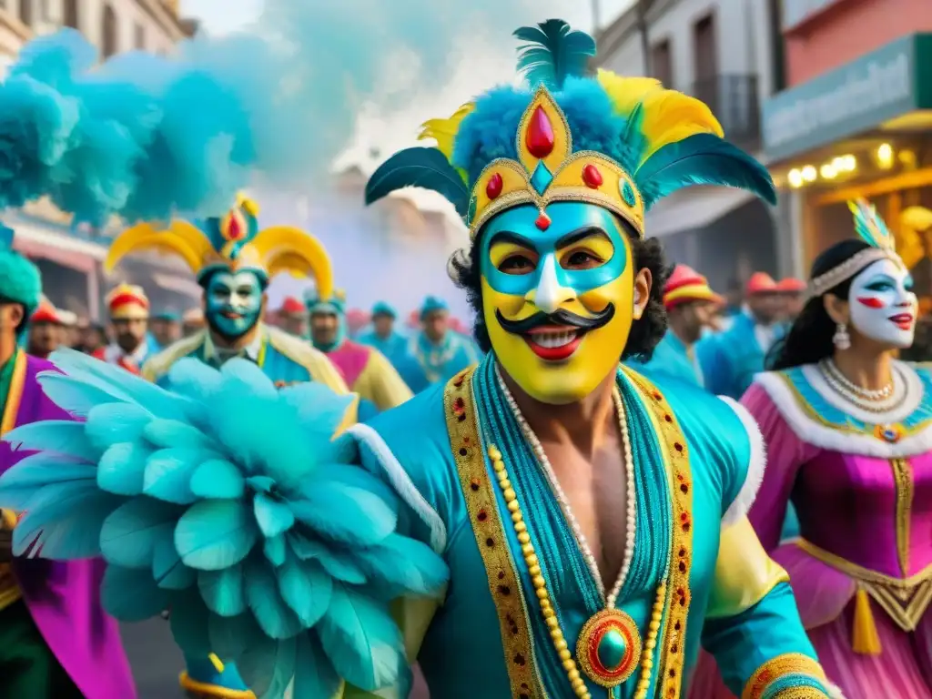 Desfile vibrante en Carnaval Uruguayo Desfile animado en Carnaval Uruguayo con trajes coloridos, música y espectadores emocionados en Montevideo