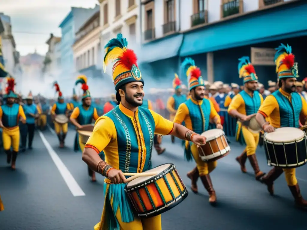 Deslumbrante desfile de comparsas en el Carnaval Uruguayo Desfile animado con comparsas coloridas y alegres en el Carnaval Uruguayo, reflejando la historia y la energía festiva