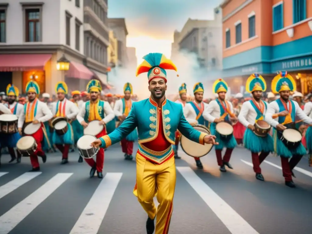 Desfile callejero vibrante en Las Llamadas Desfile callejero vibrante con bailarines coloridos y edificios festivos