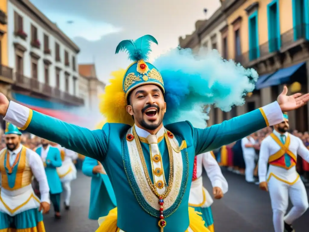 Pintura acuarela del Carnaval Uruguayo: desfile de calle animado Desfile callejero vibrante con músicos y bailarines en el Carnaval Uruguayo