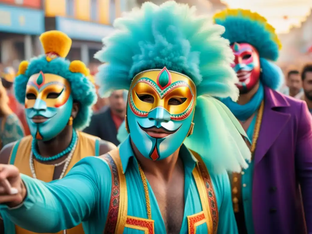 Un desfile de Carnaval en Uruguay muestra artistas con máscaras vibrantes, reflejando el impacto emocional en su salud mental