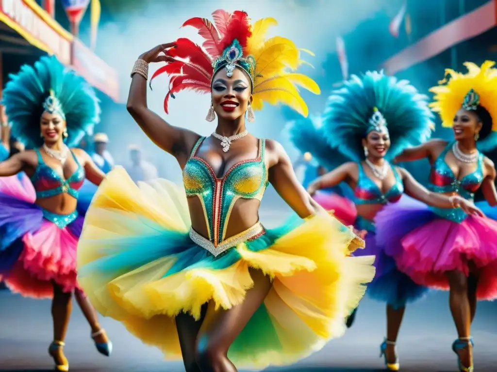 Baile de Carnaval: Explosión de Color y Ritmo Un desfile de Carnaval con bailarines vibrantes en trajes elaborados, moviéndose al ritmo de la música