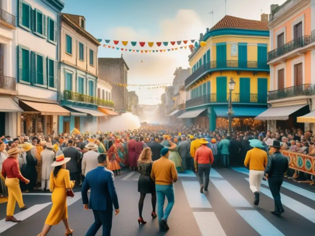 ¡Desfile de Carnaval en Uruguay: Color y Alegría en la Calle! Desfile de Carnaval en Uruguay: carros alegóricos coloridos, bailarines con trajes vibrantes y espectadores felices