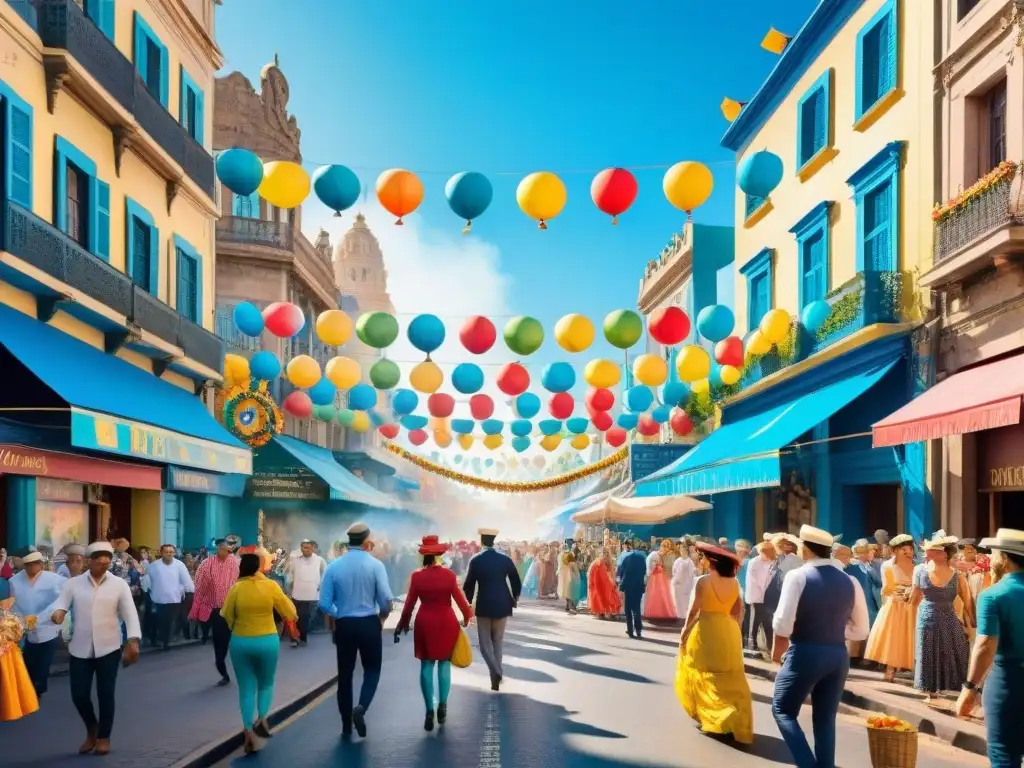 Carnaval en Montevideo: Pintura acuarela de fiesta callejera vibrante Desfile de Carnaval en Montevideo con Chefs destacados Carnaval Uruguayo