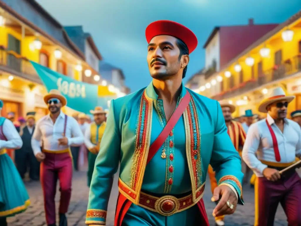 Desfile de Carnaval con Lázaro Salazar: música, baile y alegría Un desfile de Carnaval colorido y alegre liderado por Lázaro Salazar, rodeado de músicos y bailarines en trajes vibrantes