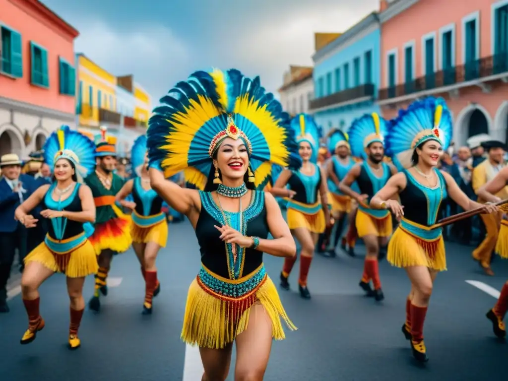 Desfile vibrante de Carnaval en Uruguay Desfile de Carnaval en Uruguay: coloridos bailarines y músicos en un vibrante despliegue de energía y cultura