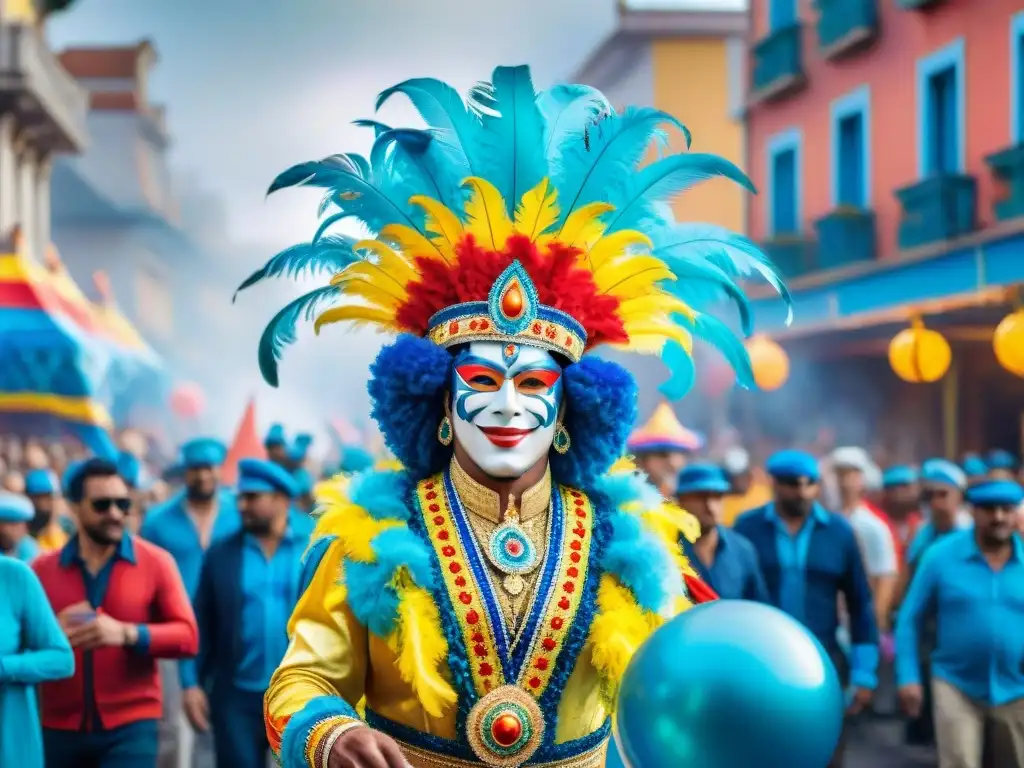 Desfile de Carnaval Uruguayo: Fiesta en Acuarela Un desfile de Carnaval en Uruguay con coloridos disfraces, plumas y una multitud animada