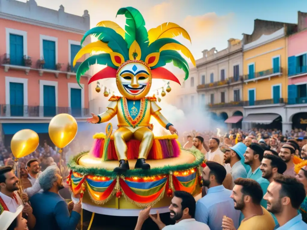 Desfile de Carnaval en Uruguay: Alegría y Color Desfile de Carnaval en Uruguay con coloridos trajes y arquitectura urbana, estrategia marketing campaña Carnaval Uruguay