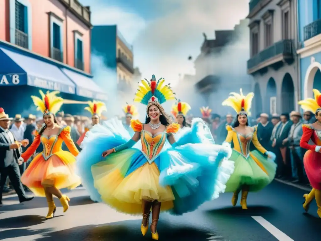 Carnaval en Uruguay: Desfile vibrante y colorido Desfile de Carnaval en Uruguay con coloridos trajes y carrozas detalladas