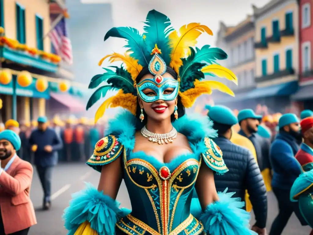 Desfile vibrante de Carnaval: ilustración acuarela Desfile de Carnaval con Directores en cortometrajes, flotantes y danzas coloridas en acuarela