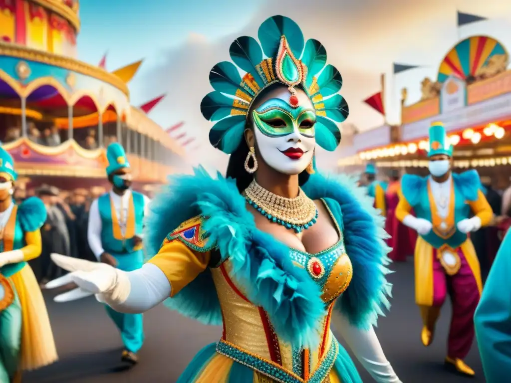 Desfile de Carnaval: Colorida Celebración Cultural Desfile de carnaval con diseñadores y artesanos en trajes elaborados, celebrando en comunidad con historias y creatividad