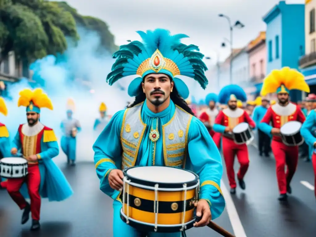 Desfile de Carnaval en Uruguay con música electrónica y coloridos trajes