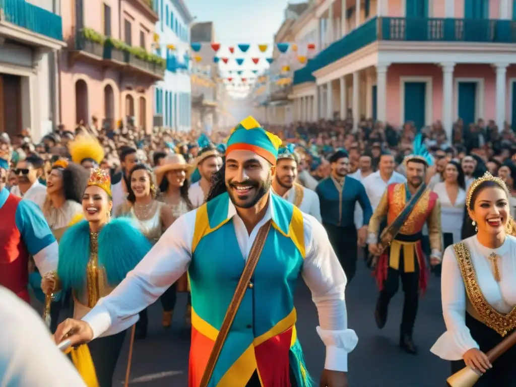 Desfile de Carnaval en Uruguay: colorido y alegría Desfile de Carnaval en Uruguay: vibrante celebración con música, coloridos trajes y espectadores felices