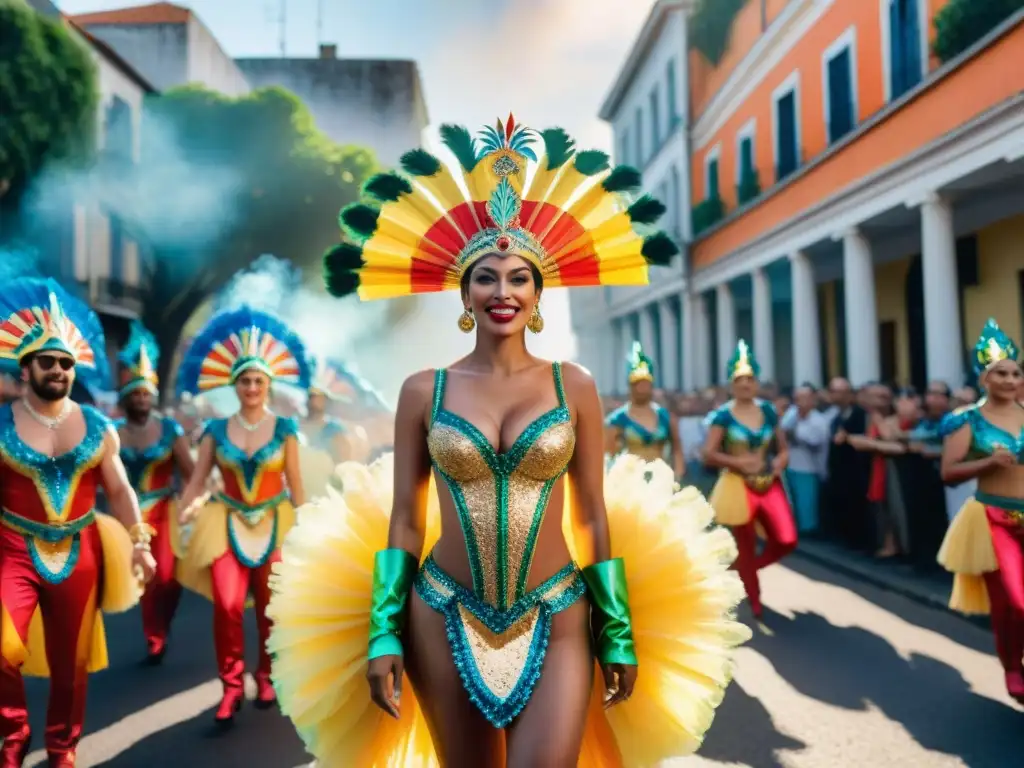 Deslumbrante Carnaval en Uruguay: colores, brillo y alegría Desfile de Carnaval en Uruguay con trajes y lentejuelas brillantes, entre edificios coloniales