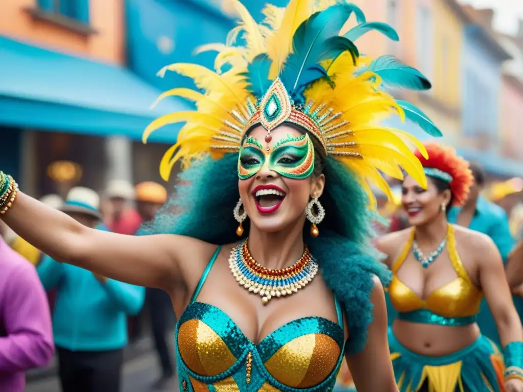 Deslumbrante baile de vedettes en el Carnaval de Uruguay Un desfile de Carnaval en Uruguay con vedettes vibrantes en trajes elaborados y coloridos, capturando la historia y la alegría de la celebración