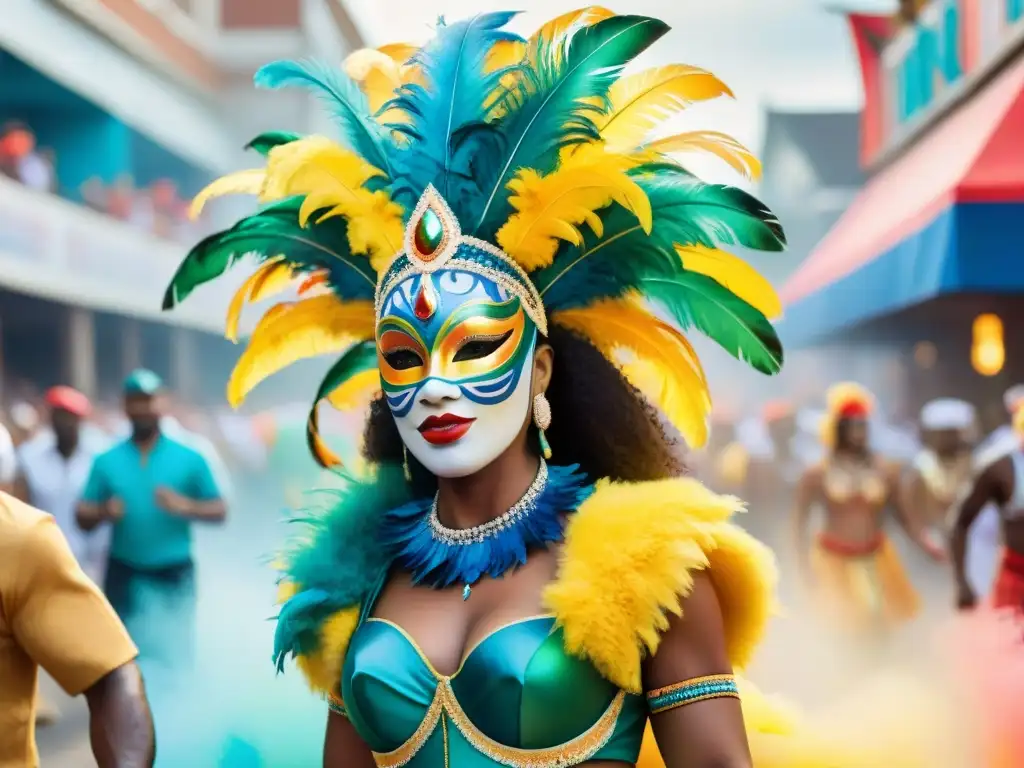 Desfile multicultural de Carnaval: samba, máscaras y plumas vibrantes Desfile de Carnaval con vestuarios internacionales vibrantes: trajes de samba, máscaras venecianas, tocados caribeños y estampados tribales africanos