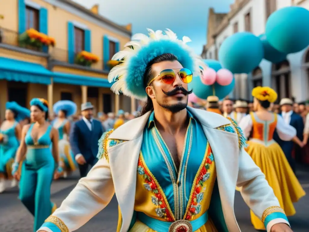 Deslumbrante Carnaval en Uruguay: coloridos desfiles y música tradicional Desfile de Carnaval vibrante en Uruguay con carrozas detalladas y bailarines en trajes elaborados, en un ambiente festivo