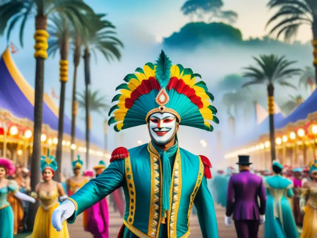 Desfile de Carnaval: Colorida celebración en acuarela Un desfile de carnaval vibrante y colorido con carros alegóricos detallados y bailarines en trajes exuberantes