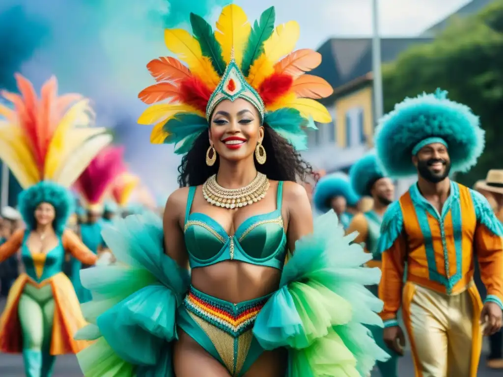 Desfile ecológico: Carnaval vibrante con trajes sostenibles Un desfile de carnaval vibrante con diseños de vestuario ecológico en una ilustración acuarela detallada