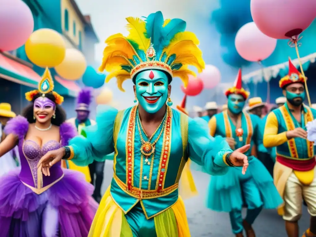 Desfile de Carnaval vibrante con vestuarios reciclados y coloridos, ambiente festivo y creatividad sostenible