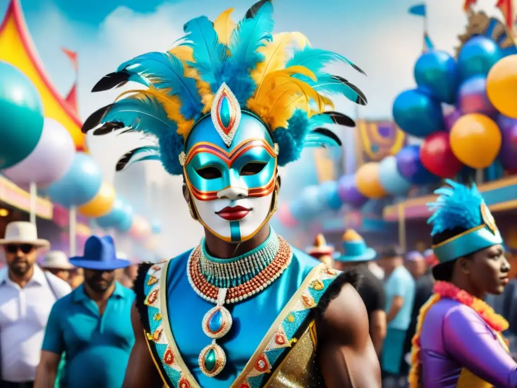 Desfile de Carnaval Futurista y Tradicional Un desfile de carnaval vibrante con vestuarios extravagantes fusionando elementos tradicionales y tecnológicos del futuro