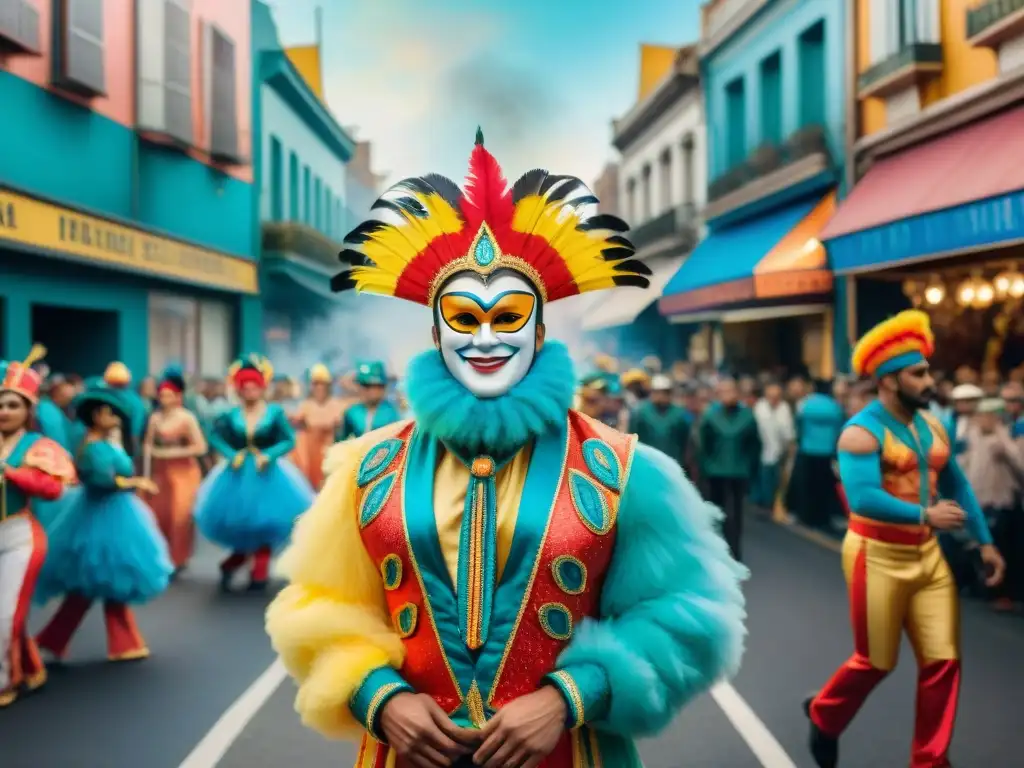 Desfile de Carnaval en Montevideo: una explosión de color y alegría Un desfile de carnaval en Montevideo cobra vida en esta ilustración de acuarela, fusionando elementos tradicionales y modernos en un estilo etéreo