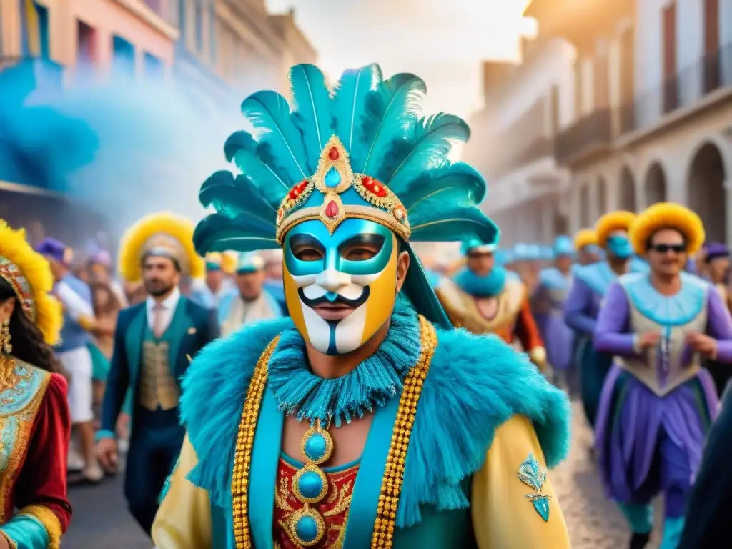 Desfile colorido y animado en el Carnaval de Uruguay, con trajes detallados y música alegre