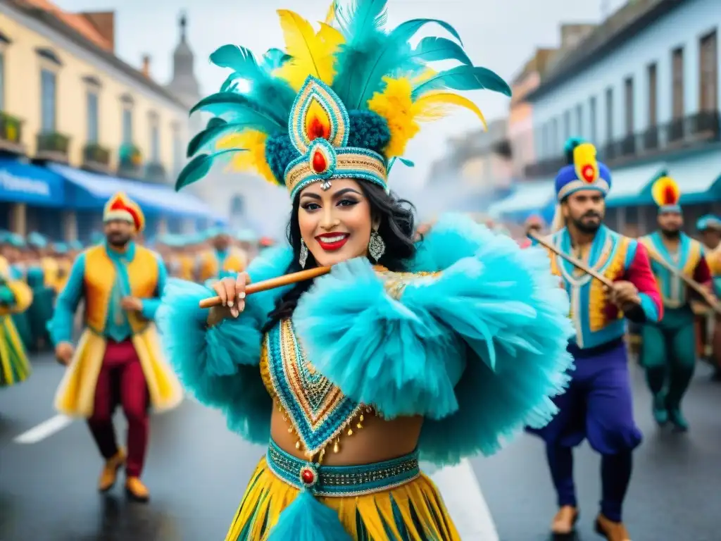 Deslumbrante Carnaval en Uruguay: colorido desfile festivo Desfile colorido y animado del Carnaval Uruguayo con bailarines y músicos, reflejando las tendencias en el Carnaval Uruguayo