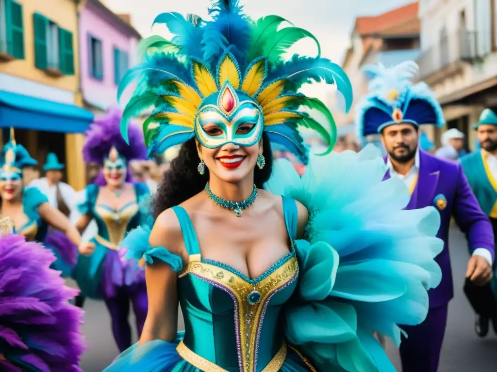 Desfile de Carnaval en Uruguay: Celebración y Creatividad Desfile colorido de artistas de carnaval en Uruguay, destacando superación y creatividad