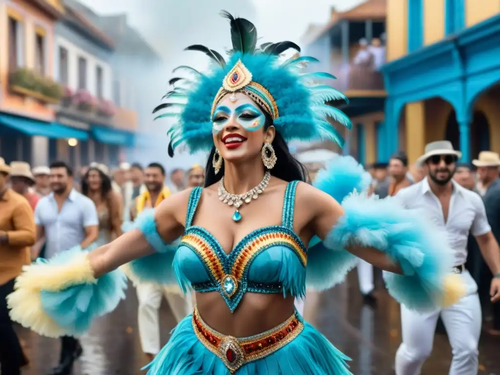 Desfile de Carnaval en Uruguay: Colorida pintura acuarela Desfile colorido de bailarines de carnaval en Uruguay, con arquitectura tradicional y confeti cayendo