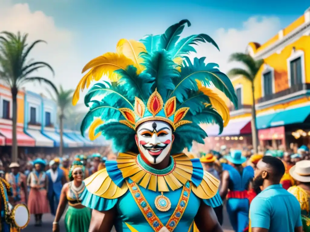 Desfile de Carnaval: Celebración y Activismo en Acuarela Desfile colorido de Carnaval con activismo social en medio de alegría y baile callejero