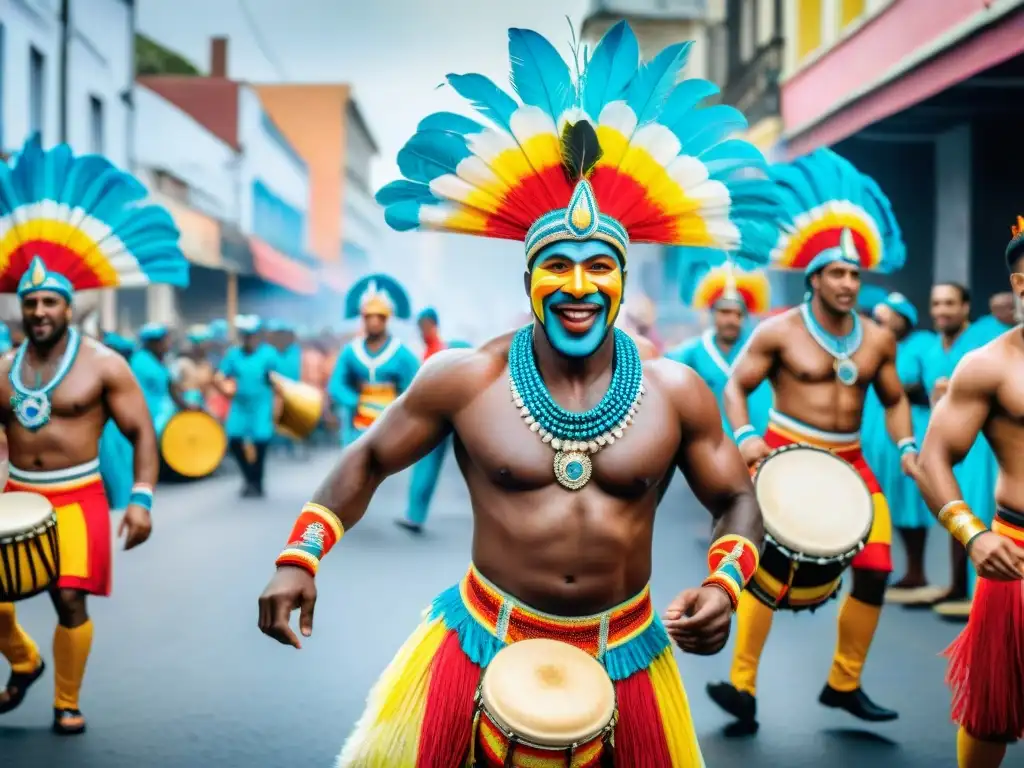 Carnaval en Uruguay: Colorida fusión de ritmos y tradiciones Desfile colorido de Carnaval en Uruguay, legado africano en fiestas vibrantes