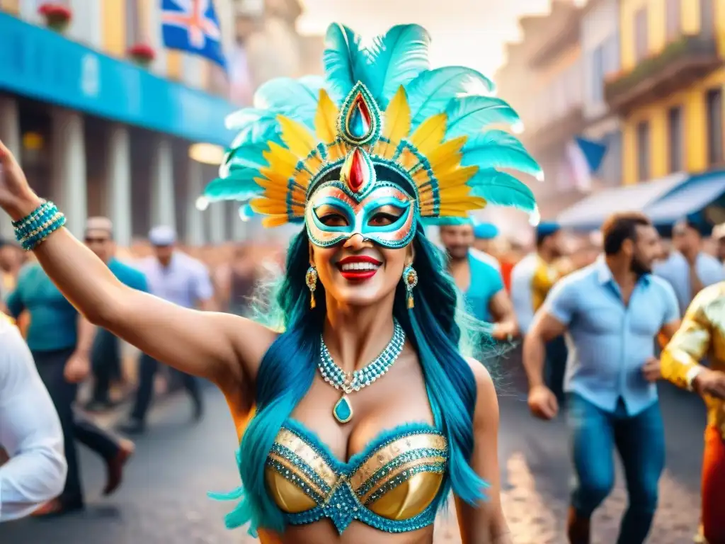 Deslumbrante Carnaval en Uruguay: baile, color y alegría Desfile colorido de Carnaval en Uruguay con bailarines y espectadores animados