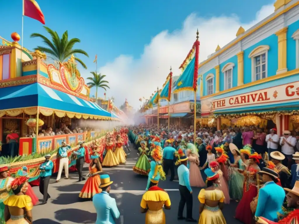 Desfile de Carnaval vibrante: alegría y color en las calles Desfile colorido de Carnaval con bailarines, bandas y carros alegóricos en una calle bulliciosa