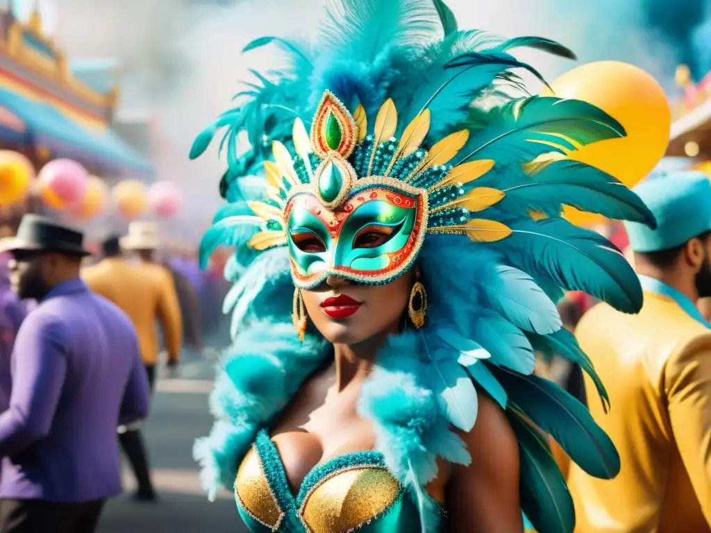 Deslumbrante desfile de Carnaval: alegría y color en acuarela Desfile colorido en Carnaval con carrozas detalladas y artistas vestidos de forma deslumbrante, capturando la alegría de la celebración