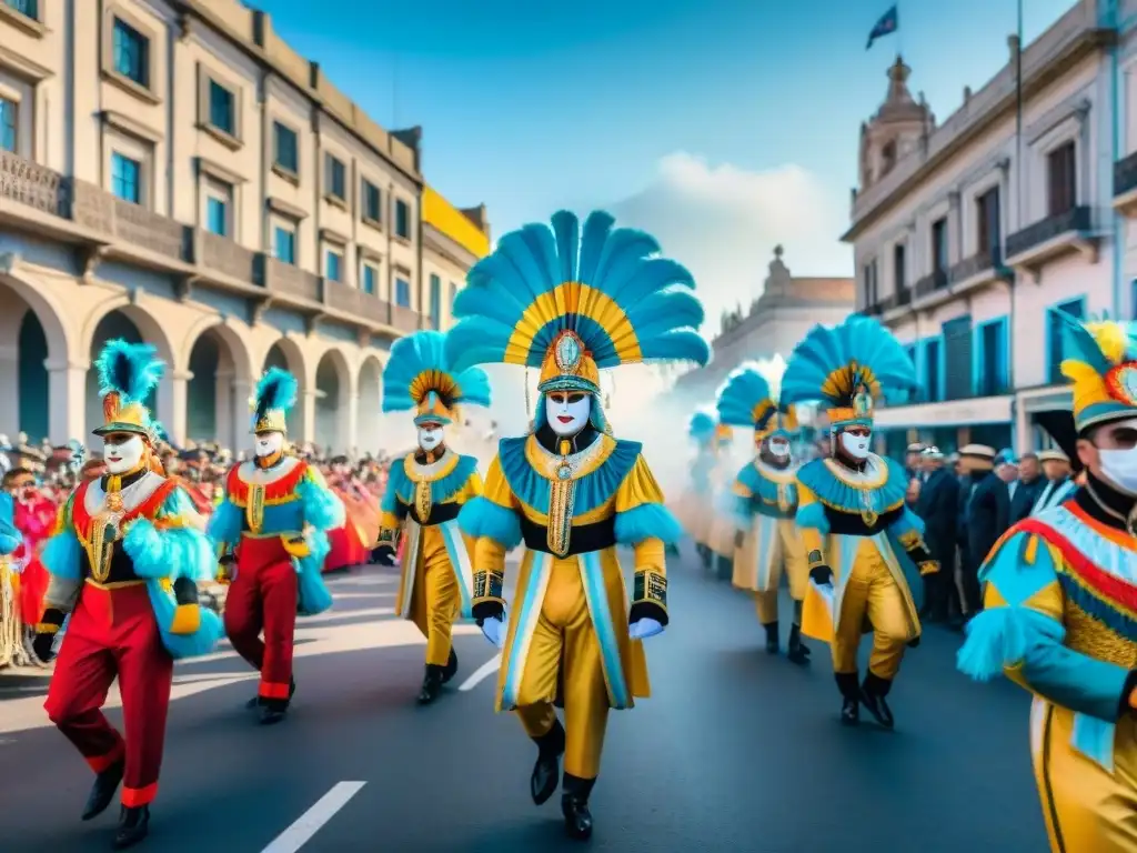 Deslumbrante desfile de carnaval en Uruguay: joya cultural Desfile colorido de Carnaval en Uruguay con comparsas y carros alegóricos, destacando la Importancia política Carnaval Uruguay