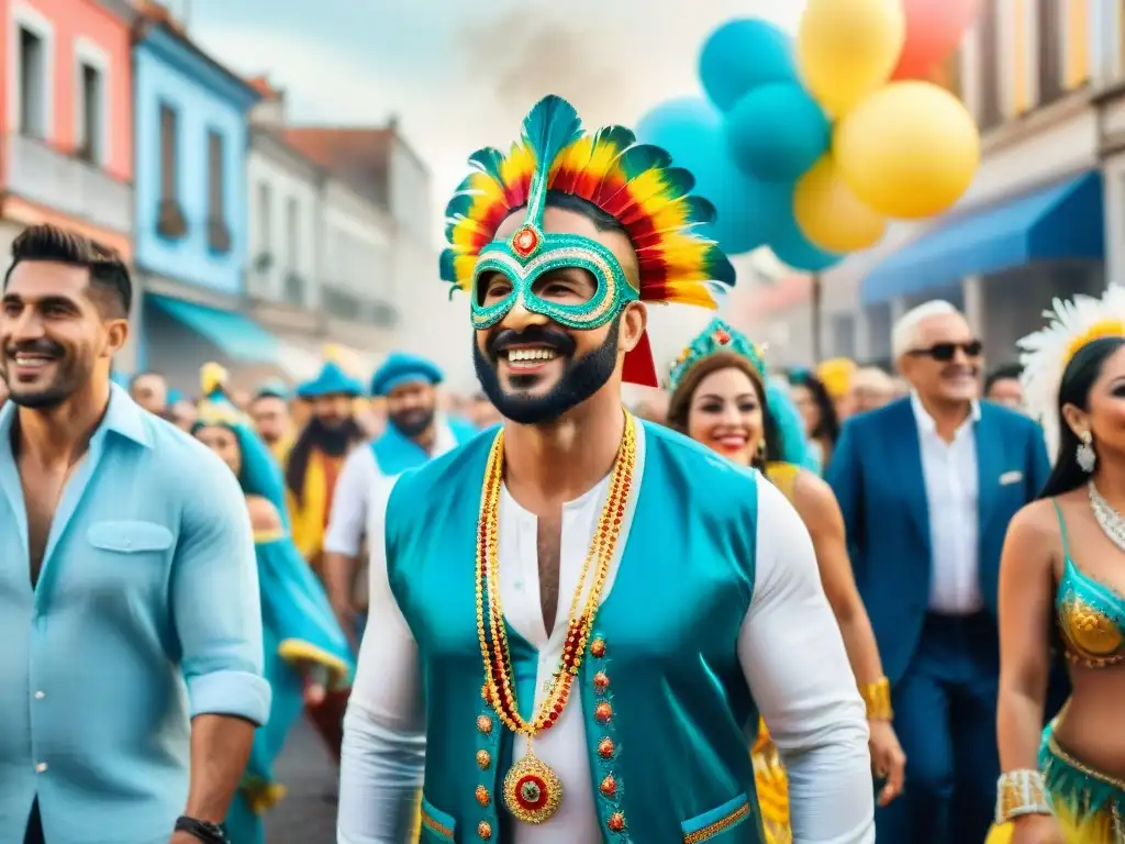 Carnaval en Uruguay: Comunidad diversa y alegre Desfile colorido de Carnaval en Uruguay con diversidad de edades y etnias, reflejando tendencias consumo Carnaval Uruguayo marcas
