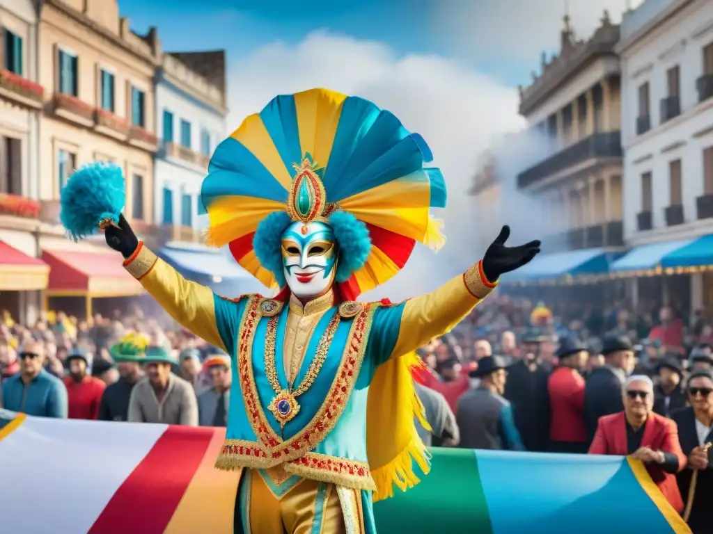 Deslumbrante desfile de Carnaval en Uruguay: fusión cultural Desfile colorido en el Carnaval de Uruguay con influencia europea de Italia y España, máscaras, danzas y banderas vibrantes