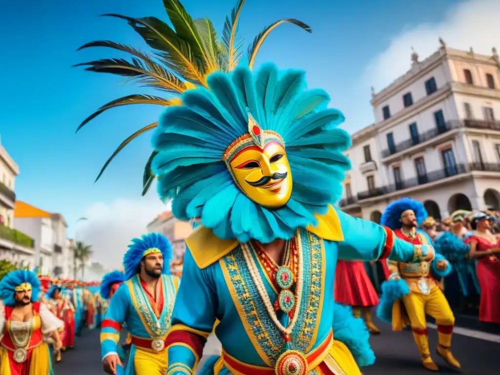 Desfile de Carnaval en Uruguay: alegría y color Desfile colorido de Carnaval en Uruguay con participantes diversos y energía festiva frente a arquitectura colonial