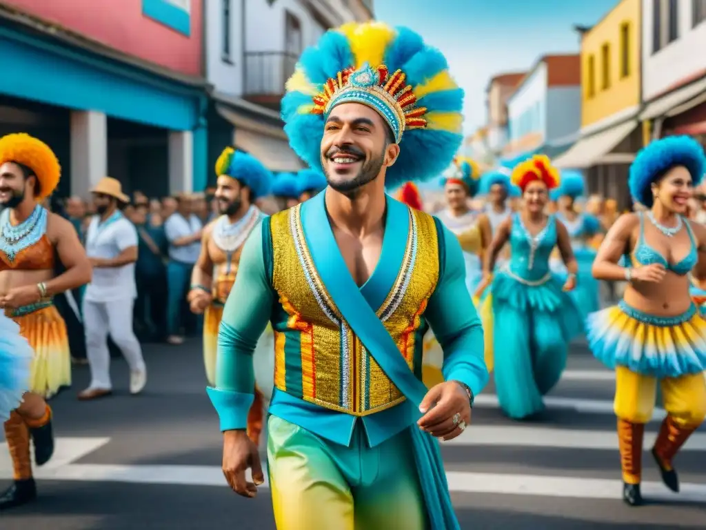 Desfile de Carnaval Uruguayo: Coloridas creaciones sostenibles y festivas Desfile colorido de Carnaval en Uruguay con trajes sostenibles hechos de materiales reciclados