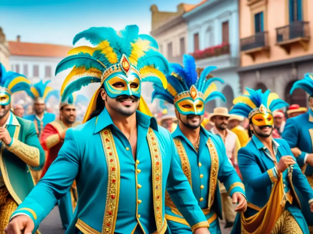 Carnaval en Uruguay: coloridos trajes y baile Desfile colorido de Carnaval en Uruguay, con trajes vibrantes y música tradicional, preservando herencia cultural Carnaval Uruguayo