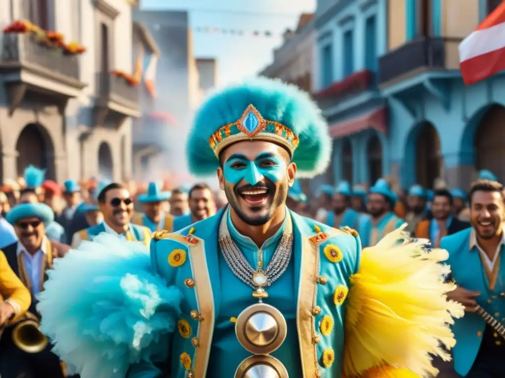 ¡Desfile de Carnaval en Uruguay: Color y alegría! Desfile colorido de Carnaval en Uruguay con trajes vibrantes, bailarines energéticos y banda sonora Carnaval Uruguayo