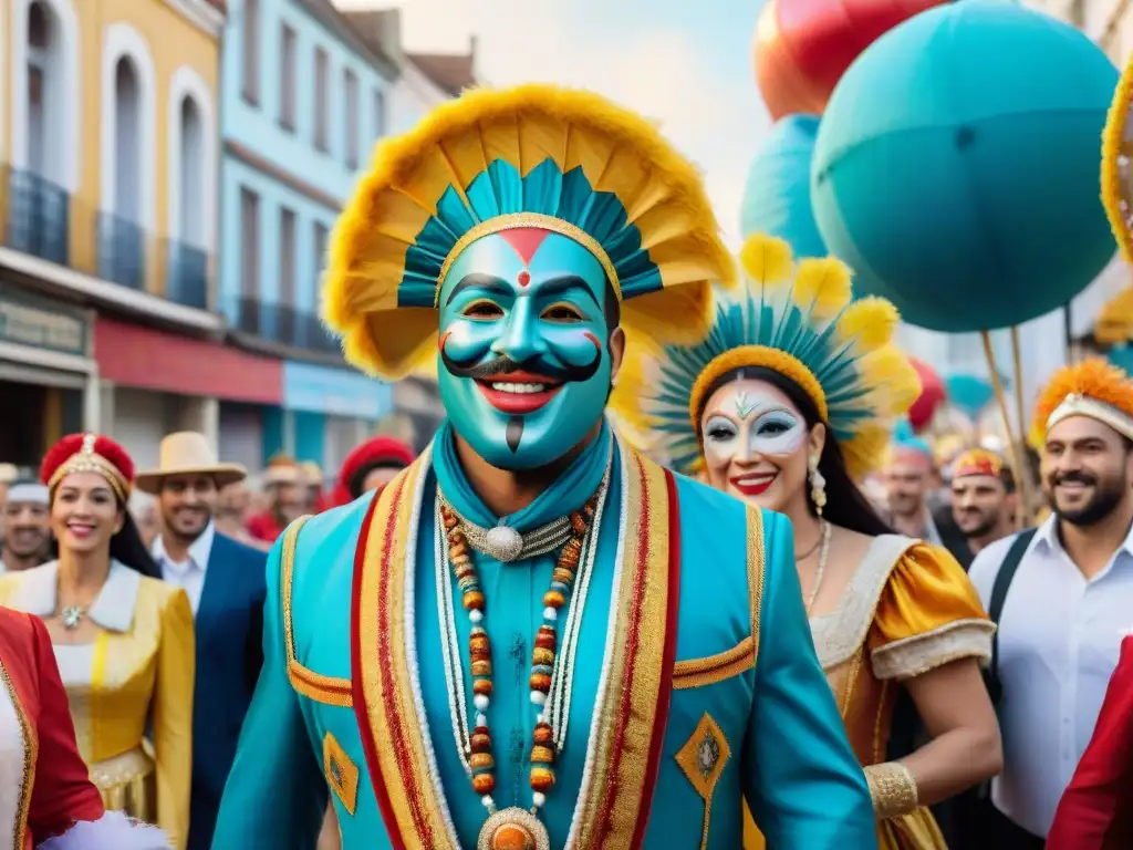 Carnaval ecológico en Uruguay: desfile colorido y sostenible Un desfile colorido en el Carnaval Uruguayo con carrozas recicladas y espectadores entusiastas
