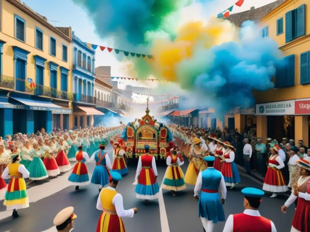 Carnaval Uruguayo: Desfile colorido y festivo en las calles Desfile colorido del Carnaval Uruguayo: floats, bailarines, espectadores y arquitectura local