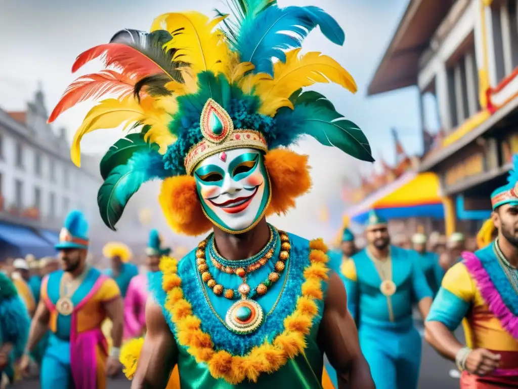 Desfile de Carnaval Uruguayo: Explosión de Color y Cultura Un desfile colorido en el Carnaval Uruguayo con influencias internacionales: bailarines de samba, tambores caribeños y máscaras venecianas