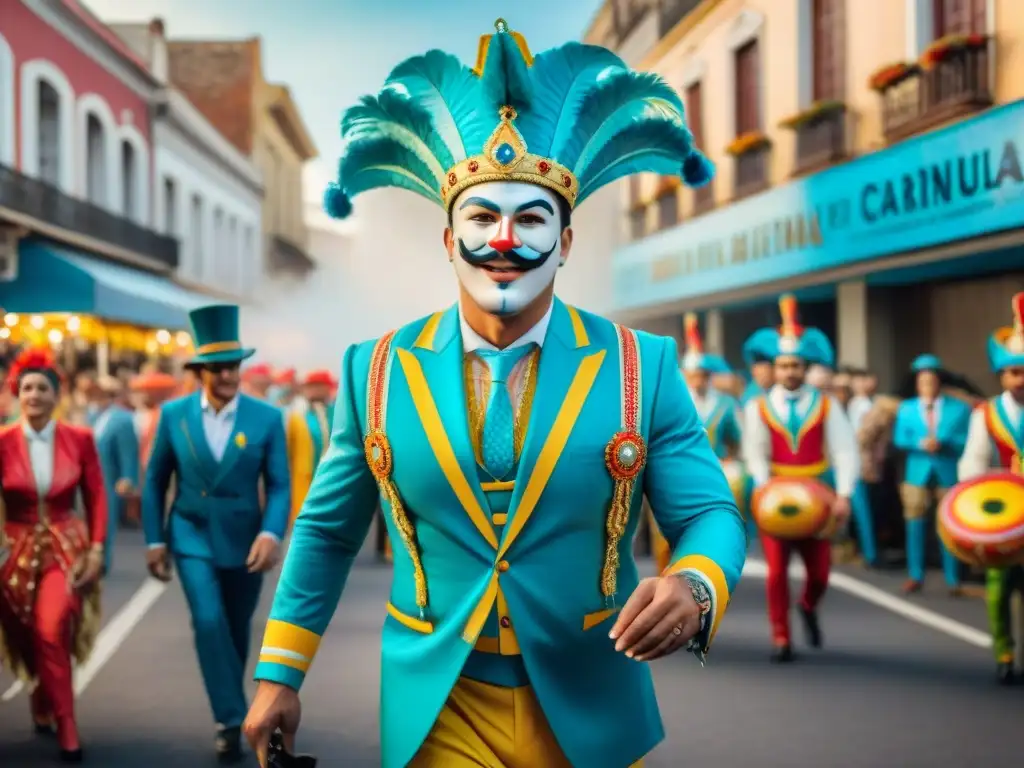 Deslumbrante desfile de carnaval en Uruguay: arte en movimiento Desfile colorido del Carnaval Uruguayo con evolución parodias teatro, floats detallados y multitud animada