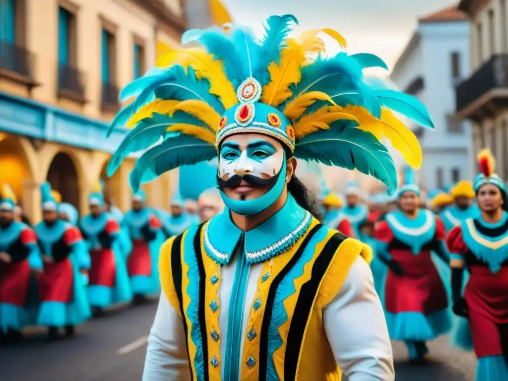 Carnaval uruguayo: tradición vibrante en la era digital Desfile colorido del Carnaval Uruguayo con una mezcla de elementos tradicionales y modernos, reflejando la transformación en digital